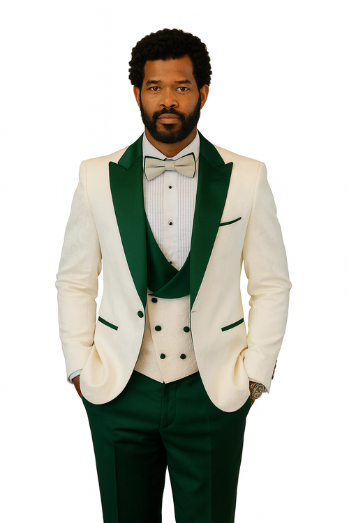 Hilton White and Hunter Green Paisley Peak Lapel Tuxedo Jacket with Matching Shawl Vest and Wool Pants Includes Bow Tie