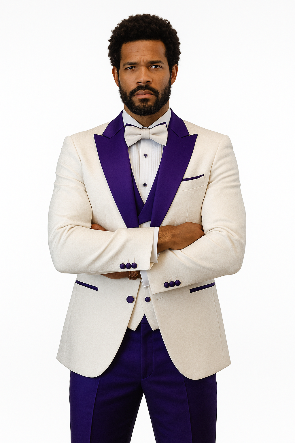 Hilton White and Purple Paisley Peak Lapel Tuxedo Jacket with Matching Shawl Vest and Wool Pants â€“ Includes Bow Tie - 34 Short or Extra Small