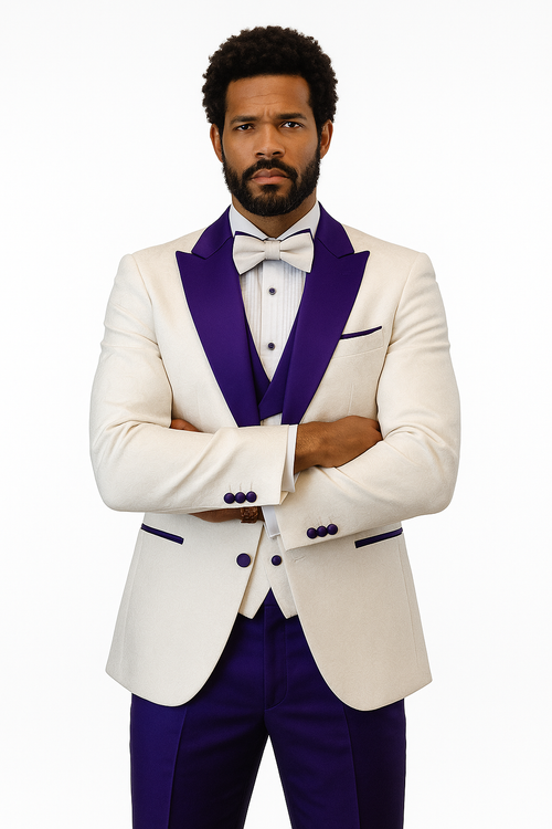 Hilton White and Purple Paisley Peak Lapel Tuxedo Jacket with Matching Shawl Vest and Wool Pants Includes Bow Tie