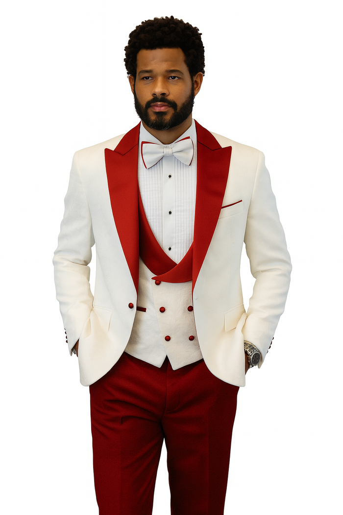 Hilton White and Red Paisley Peak Lapel Tuxedo Jacket with Matching Shawl Vest and Wool Pants Includes Bow Tie