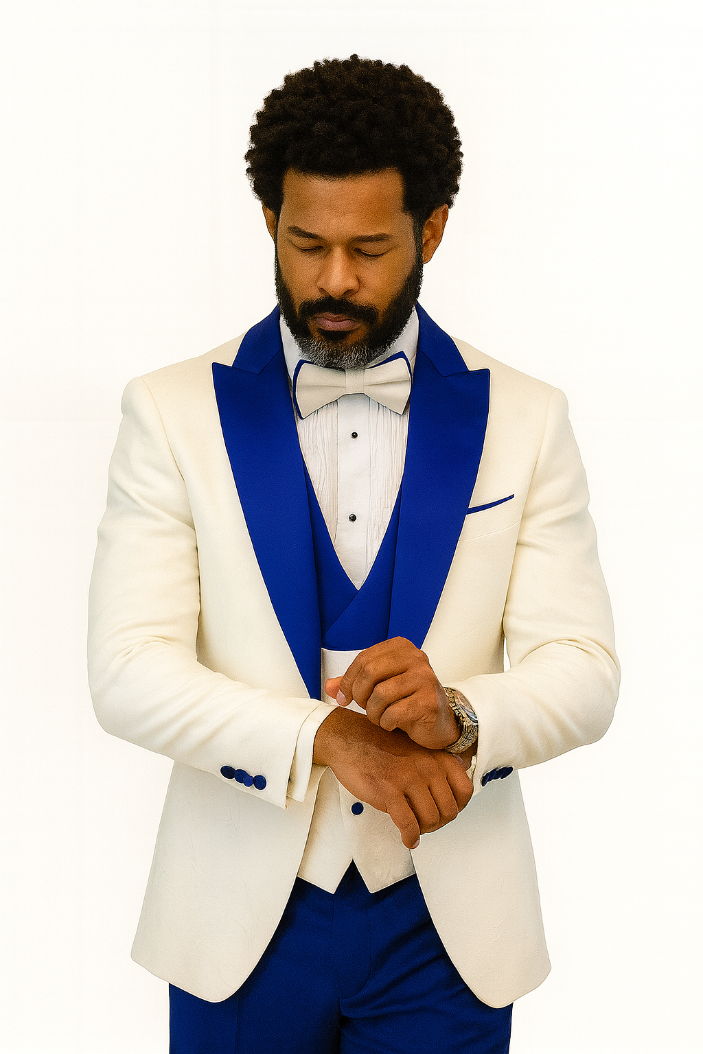 Hilton White and Royal Blue Paisley Peak Lapel Tuxedo Jacket with Matching Shawl Vest and Wool Pants – Includes Bow Tie - 34 Short or Extra Small