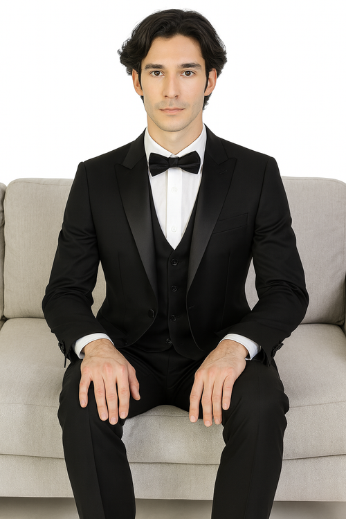 Mens 3-Piece Slim-Fit Shiny All Satin Suit Black