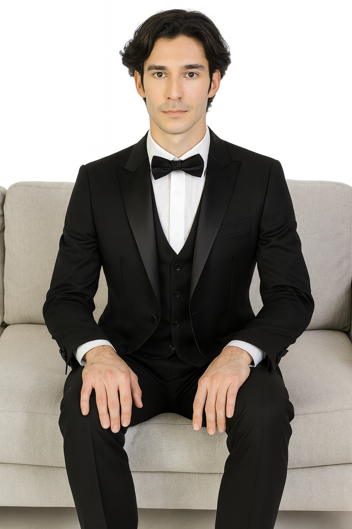 Mens 3-Piece Slim-Fit Shiny All Satin Suit Black