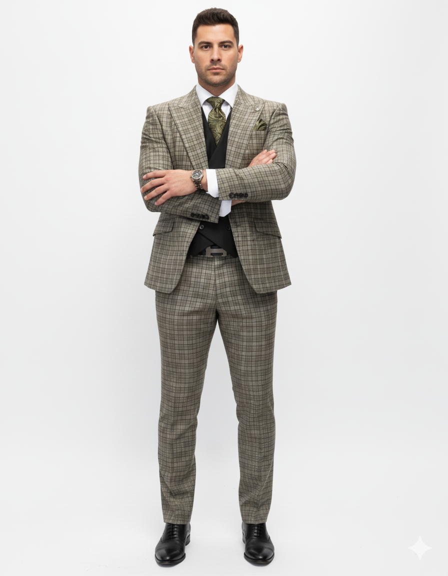 Statement Suits - Wool Suits - Peak Lapel Suits - Ticket Pocket - Modern Fit - Olive Suit - Coat Size 38