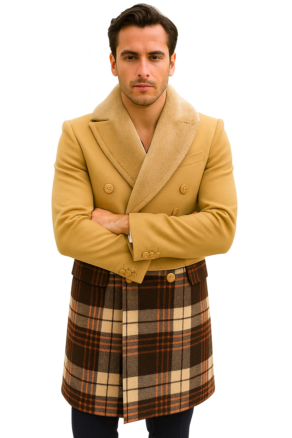 Mens Wool Plaid Peacoat - Plaid Pattern Wool camel-tan Coat - Coat Size 38