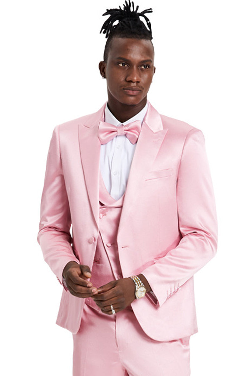"Dusty Rose Men's Sharkskin Prom & Wedding Suit - One Button Vested Satin"
