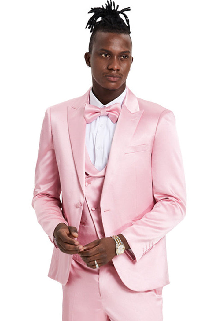 "Dusty Rose Men's Sharkskin Prom 2026 & Wedding Suit - One Button Vested Satin" pink