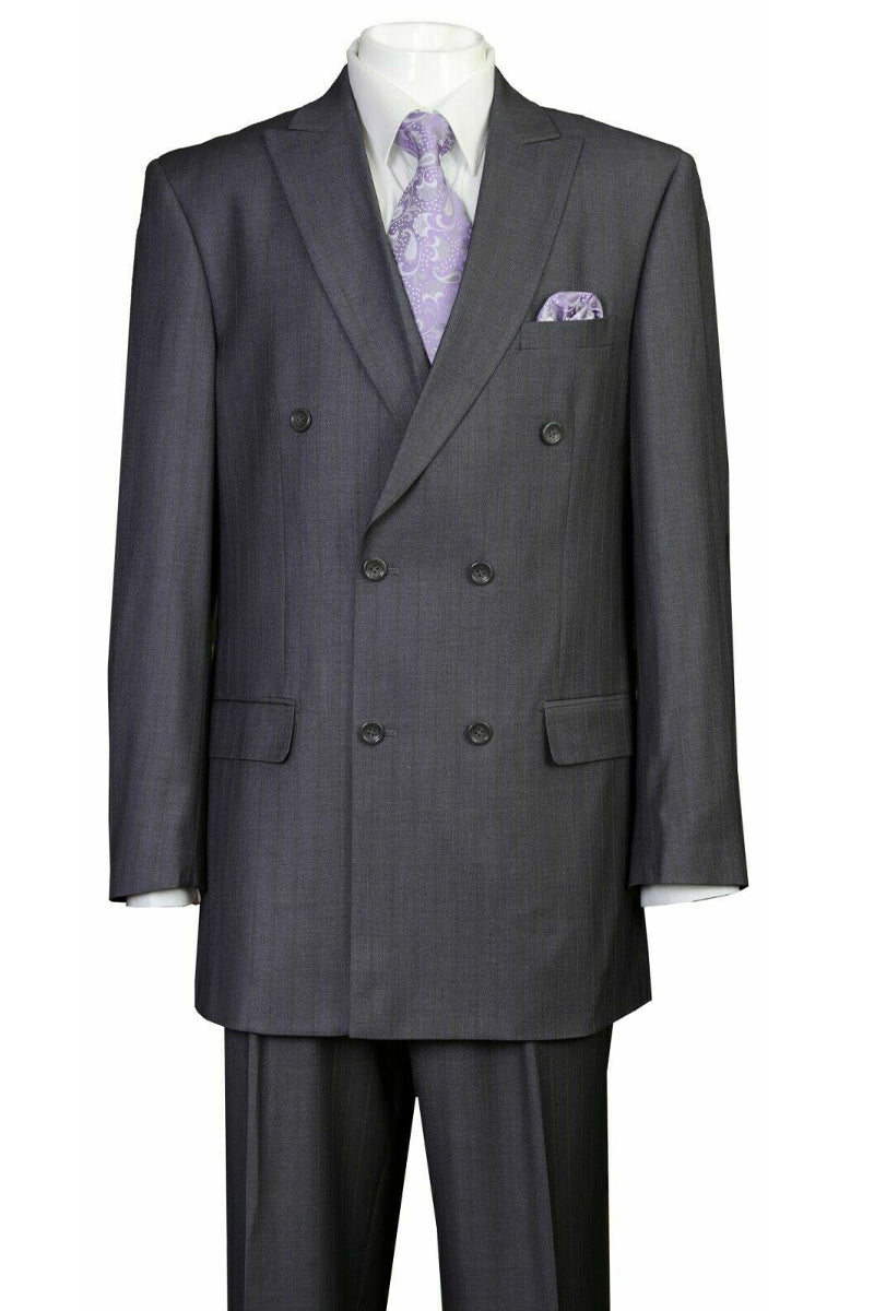 "Grey Pinstripe Men's Classic Double Breasted Peak Lapel Suit" - 38 Long
