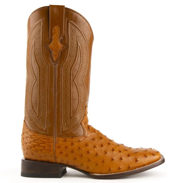 Ferinni Boot - Mens Dress Cowboy Boot  - Ferrini Men's Colt Full Quill Ostrich Square Toe Boots Handcrafted - Cognac - 8D