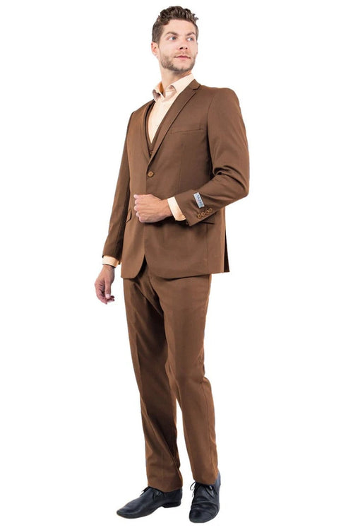 Cheap priced Suit- Men's Two Button Slim Fit Basic Vested Wedding  Cognac Suit