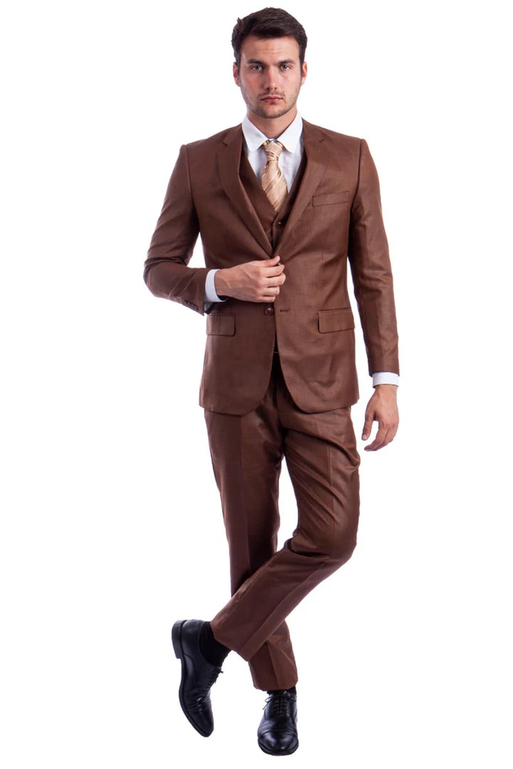 Cheap Suit - Men's Two Button Hybrid Fit Vested Sharkskin Wedding & Business Cognac Suit