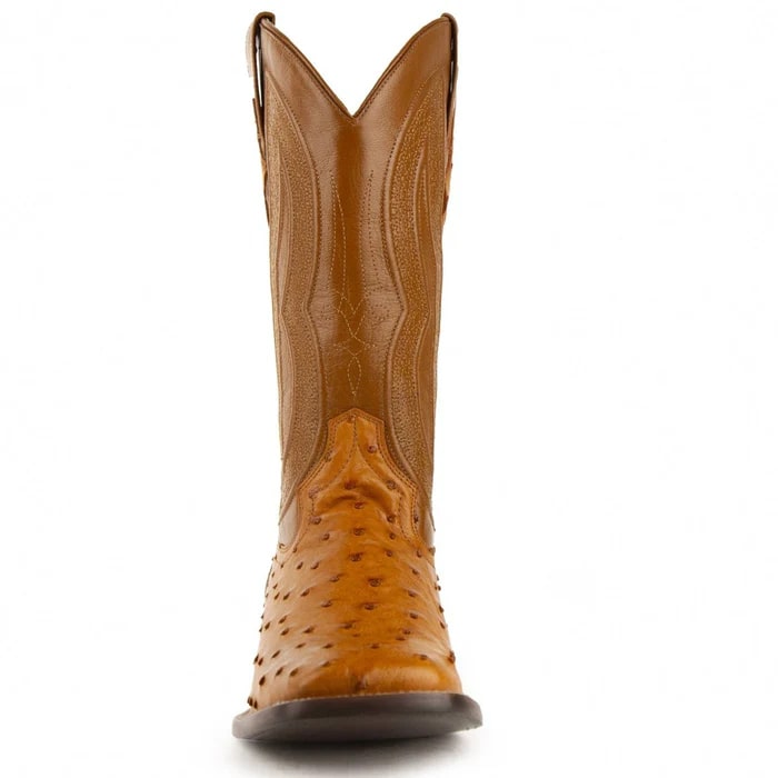 Ferinni Boot - Mens Dress Cowboy Boot  - Ferrini Men's Colt Full Quill Ostrich Square Toe Boots Handcrafted - Cognac - 8
