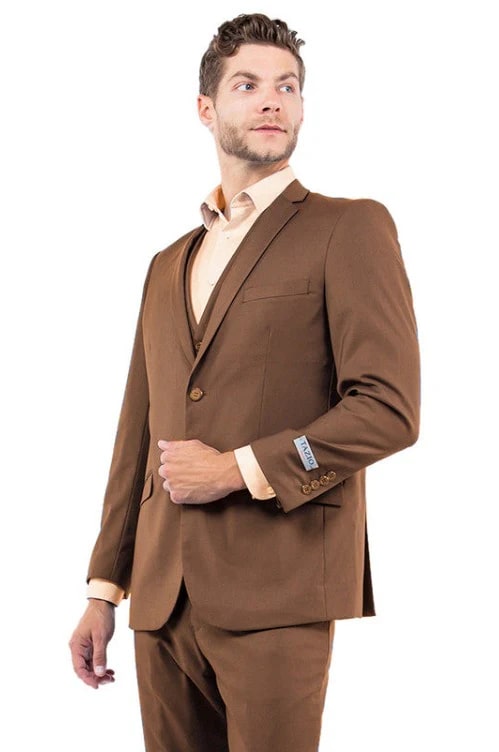 Cheap priced Suit- Men's Two Button Slim Fit Basic Vested Wedding  Cognac Suit