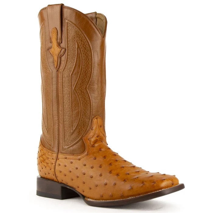 Ferinni Boot - Mens Dress Cowboy Boot  - Ferrini Men's Colt Full Quill Ostrich Square Toe Boots Handcrafted - Cognac - 8