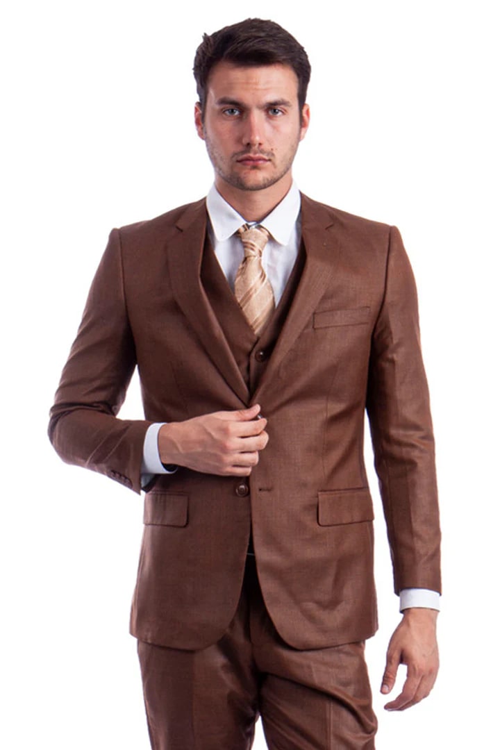 Cheap Suit - Men's Two Button Hybrid Fit Vested Sharkskin Wedding & Business Cognac Suit