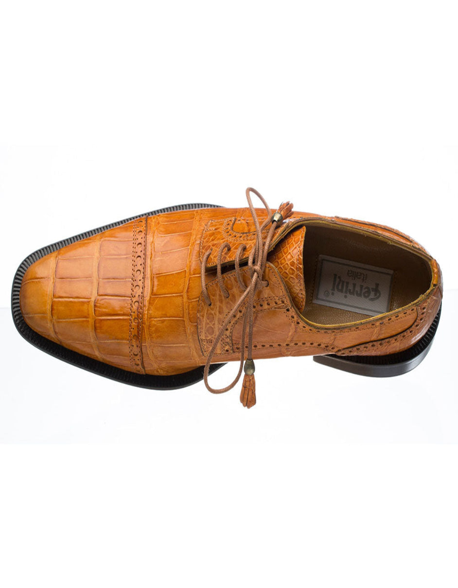 Ferrini Shoes - Mens Alligator Dress Shoe - Ferrini 216 Belly Alligator Cap Toe Shoes Cognac - 6M