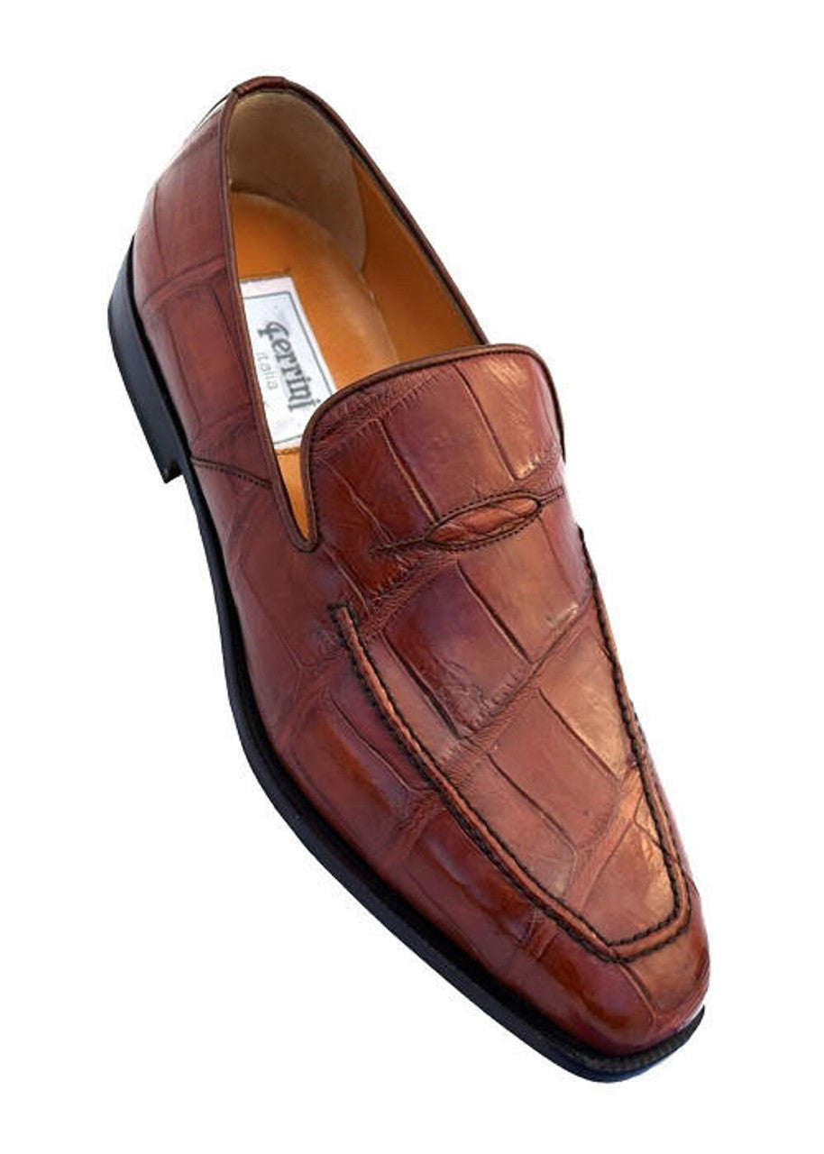 Crocodile Shoes by Ferrini Mens Cognac Brown Gator Leather Loafers - 9