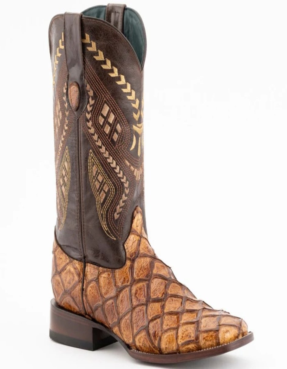 Ferrini Bronco Men's Print Pirarucu Fish Boots Handcrafted Cognac - 8D