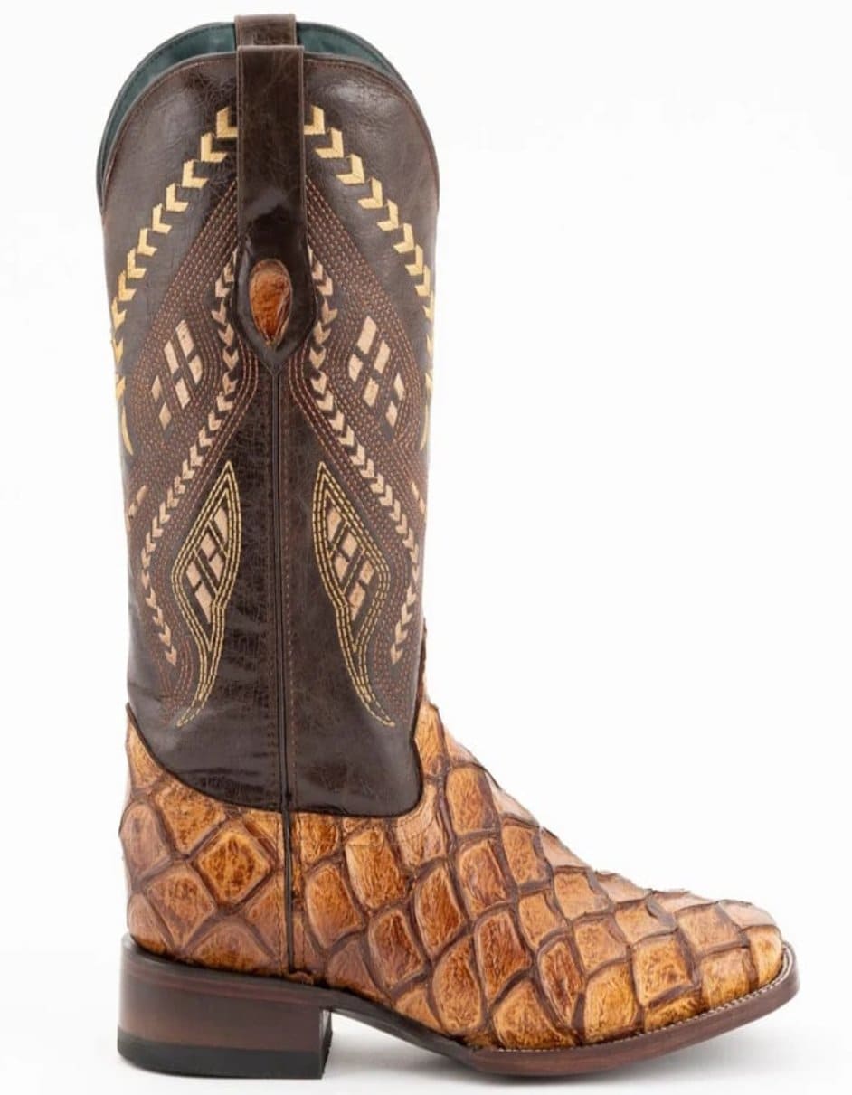 Ferrini Bronco Men's Print Pirarucu Fish Boots Handcrafted Cognac - 8D