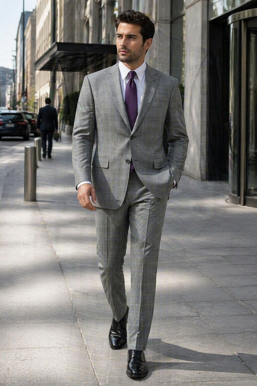 Mens 2 Button Peak Lapel Modern Plaid Suit in Grey