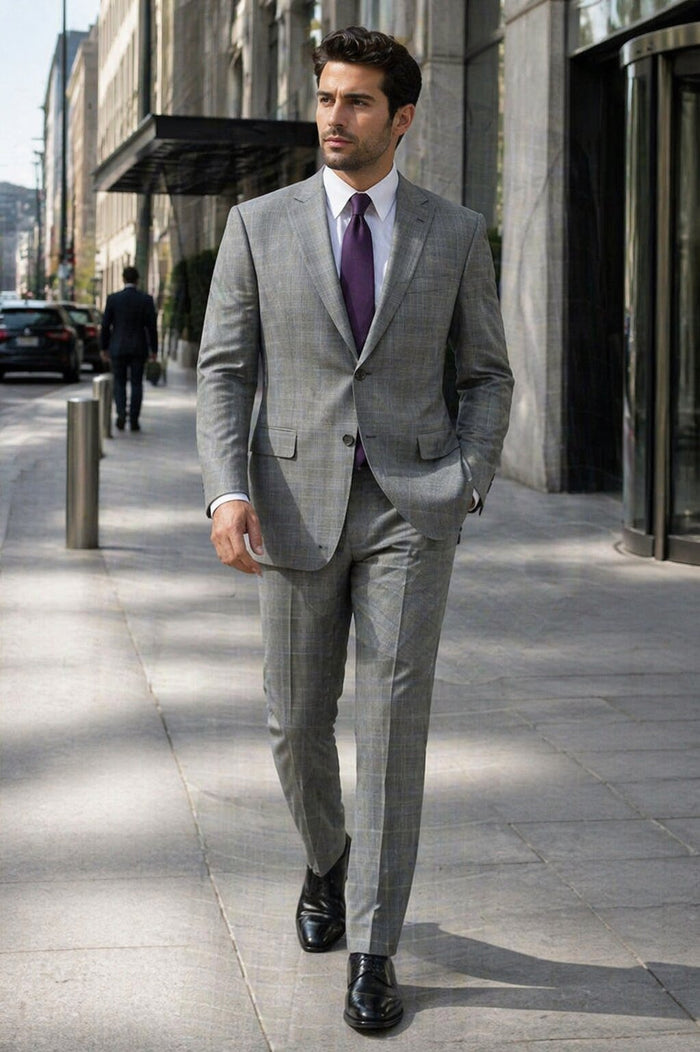 Mens 2 Button Peak Lapel Modern Plaid Suit in Grey