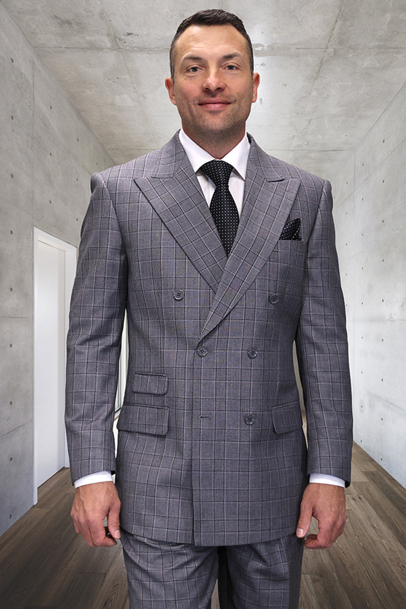 Men's Designer Classic Fit Double Breasted Wool Suit in Black Plaid - 36 Short