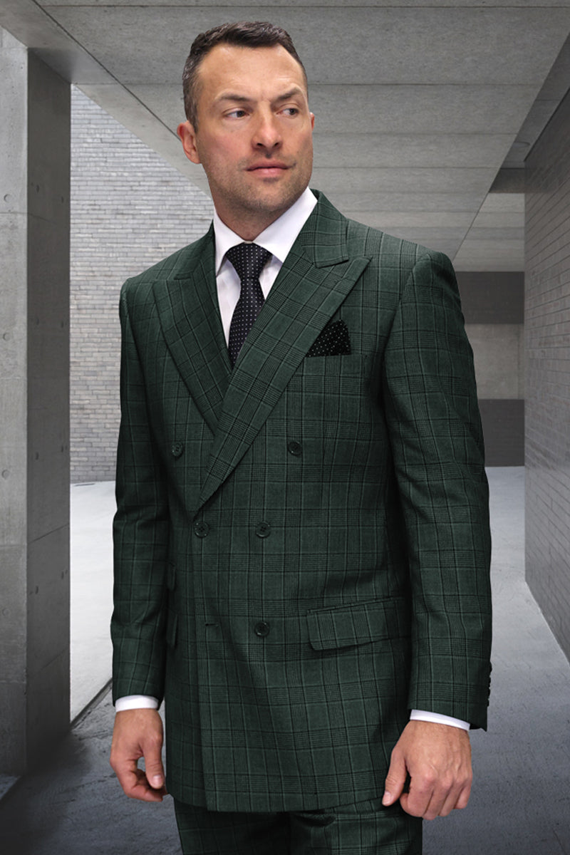 Men's Designer Classic Fit Double Breasted Wool Suit in Hunter Green Plaid - 36 Short