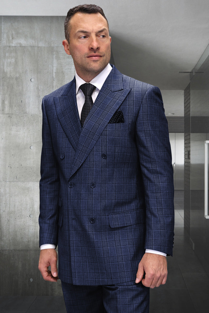 Men's Designer Classic Fit Double Breasted Wool Suit in Sapphire Blue Plaid - 36 Short