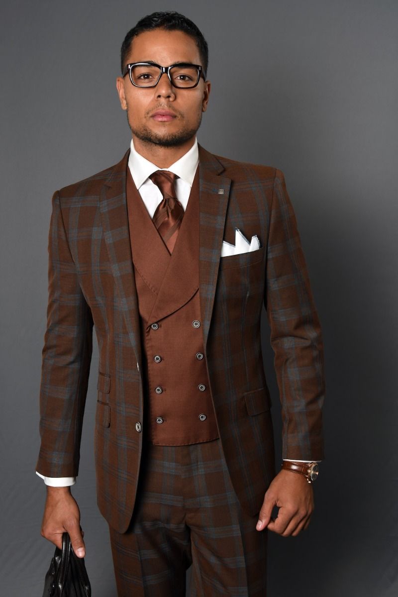 Statement Men's 3 Piece 100% Wool Fashion Suit - Classic Plaid Pattern - 34 Short or Extra Small
