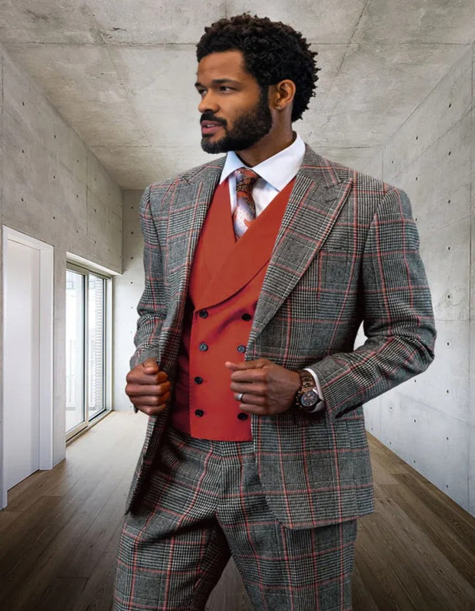 Men's Designer Vested Wool Professors Grey and Copper Windowpane Plaid Suit - 38 Short Jacket+32 Waist Adjustable 28to34)(Height: 5 4 to5 7 )(Neck  15-16.5)S-M)