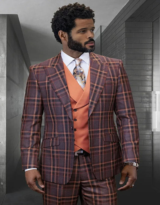 Men's Designer Wool Vested Peak Lapel Copper Cognac Windowpane Plaid Suit