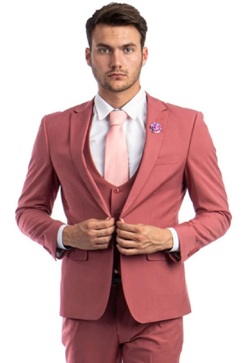 Men's One Button Peak Lapel Solid Vest in Coral Pink Slim Fit Suit