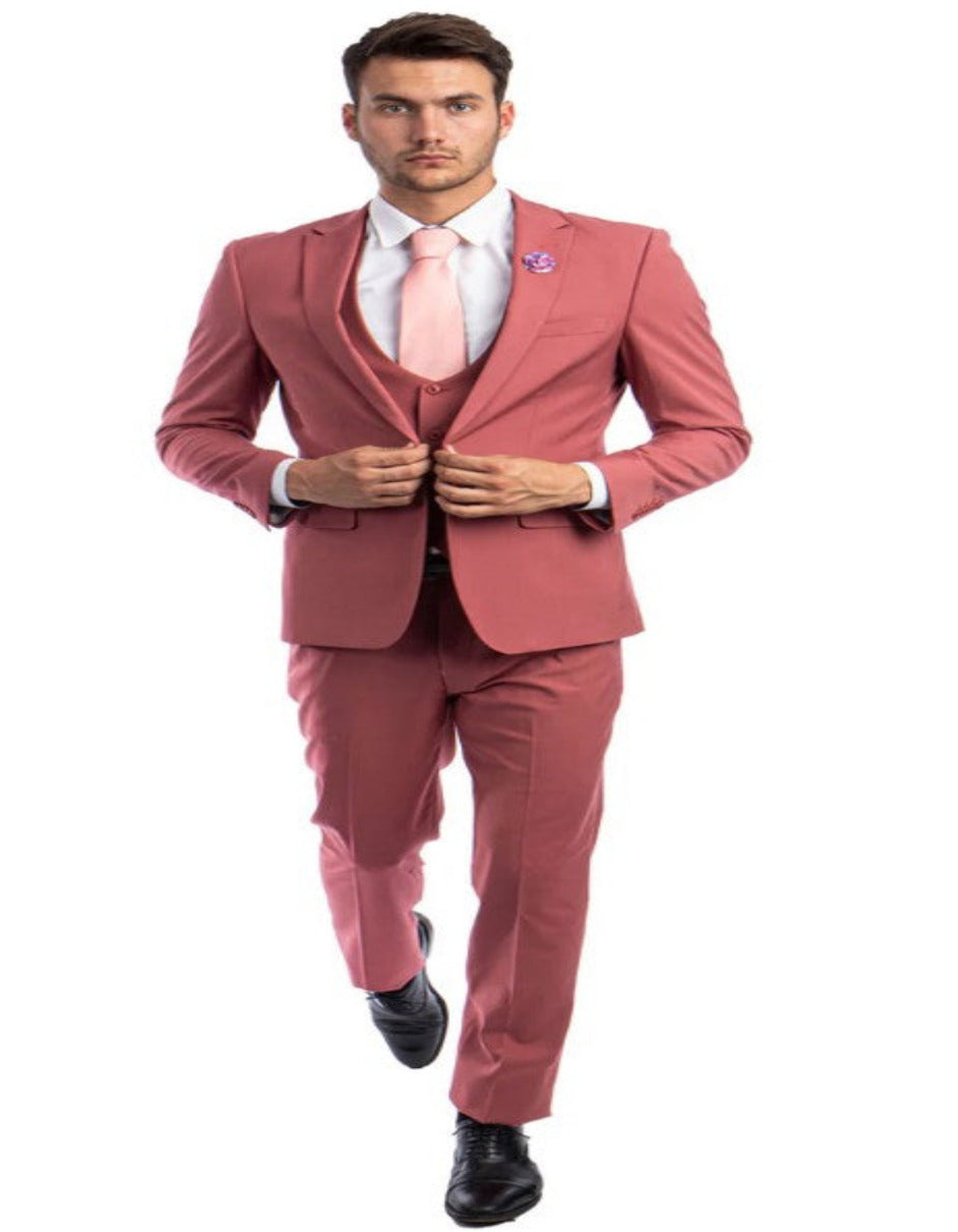 Men's One Button Peak Lapel Solid Vest in Coral Pink Slim Fit Suit