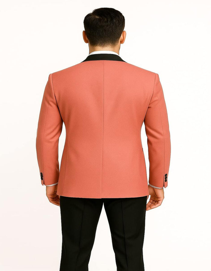 Mens Coral Pink Tuxedo Jacket with Black Satin Shawl Lapel Velvet Fabric- Modern Slim Fit Formal Blazer