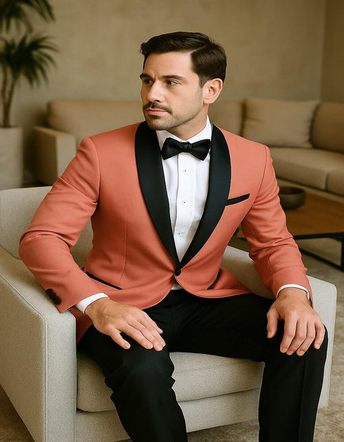 Mens Coral Pink Tuxedo Jacket with Black Satin Shawl Lapel Velvet Fabric- Modern Slim Fit Formal Blazer