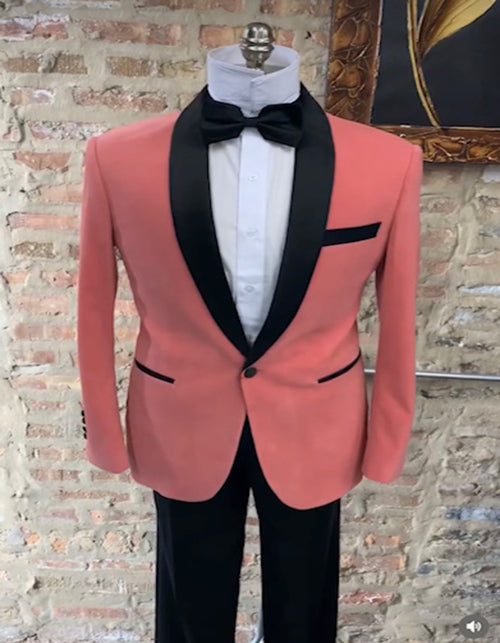 Mens Coral Pink Tuxedo Jacket with Black Satin Shawl Lapel Velvet Fabric- Modern Slim Fit Formal Blazer