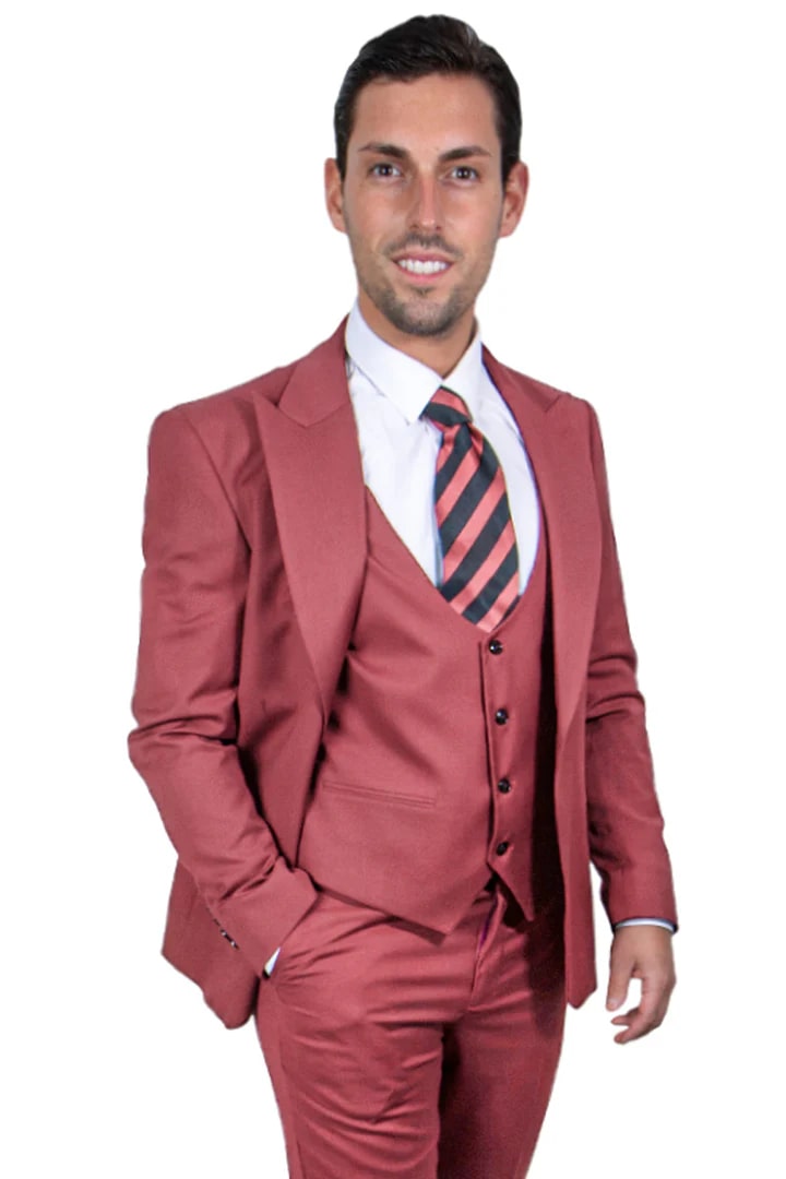 Cheap Priced Suit - Men's Vested One Button Peak Lapel Stacy Adams Coral Suit Coral Prom 2025 Suits - 38 Short Jacket+32 Waist Adjustable 28to34)(Height: 5 4 to5 7 )(Neck  15-16.5)S-M)