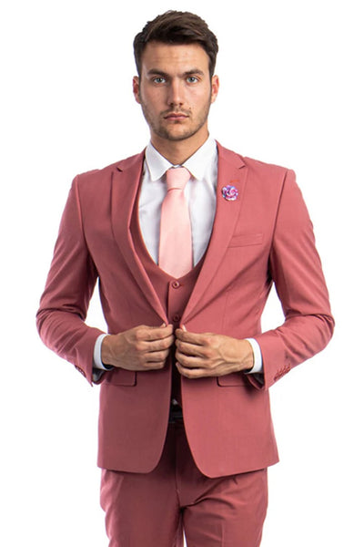 Cheap Priced Suit- Men's One Button Peak Lapel Skinny Wedding & Prom 2026 Coral Suit With Lowcut Vest