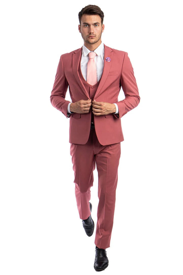 Cheap Priced Suit- Men's One Button Peak Lapel Skinny Wedding & Prom 2026 Coral Suit With Lowcut Vest
