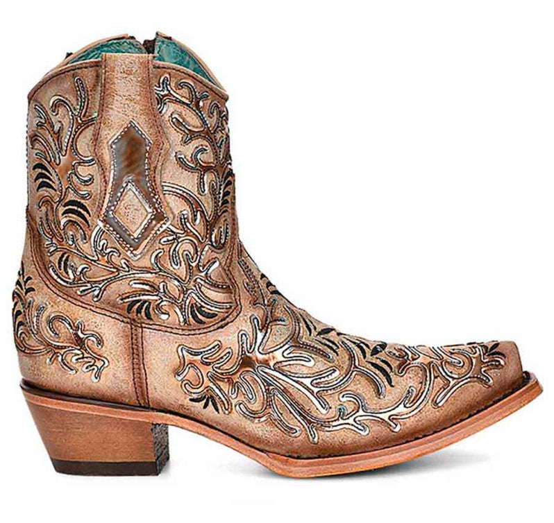 Tan Ankle Booties with Dark Embroidery and Mirrored Overlay and Toe Design - 8