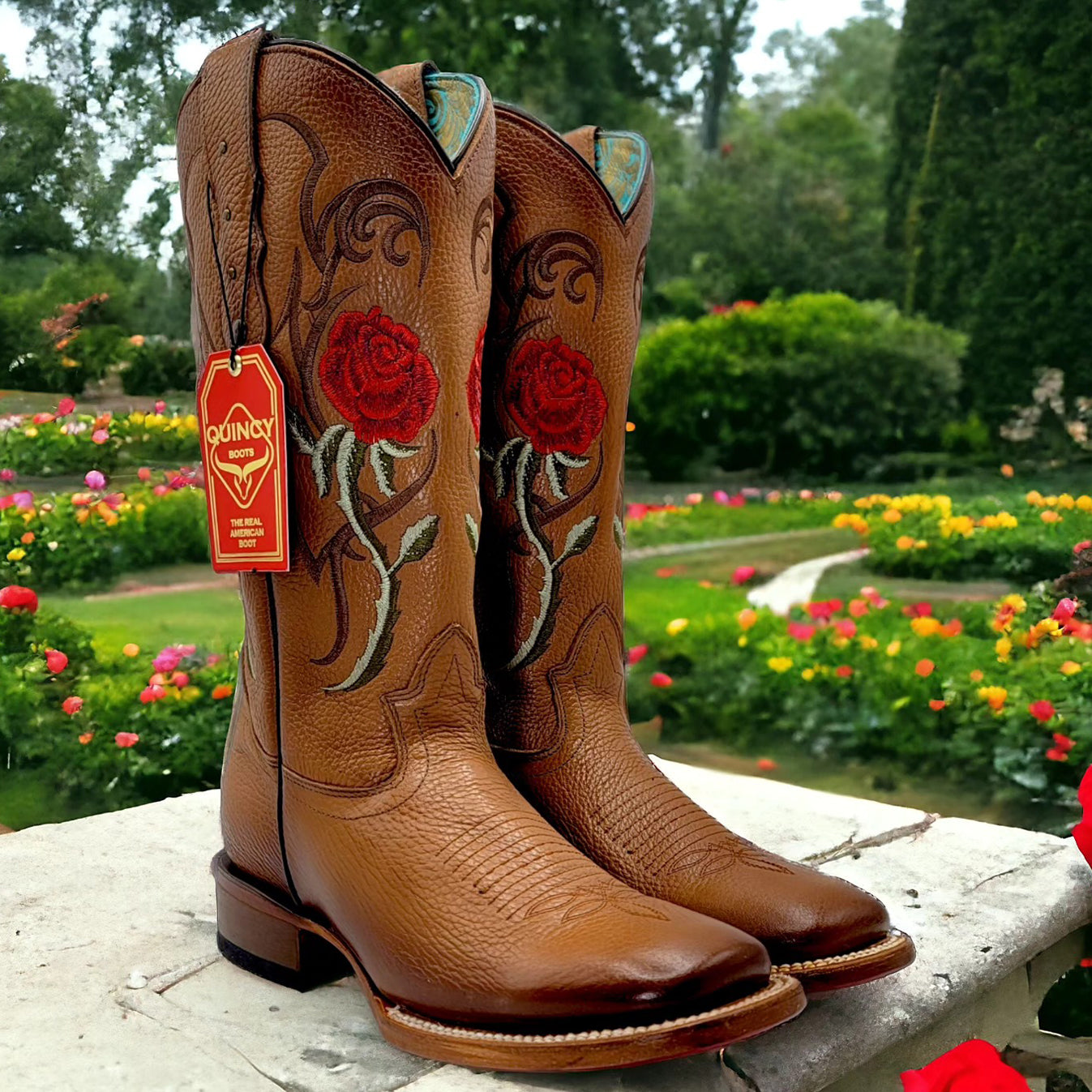 Cowgirl Boots With Red Roses - Honey