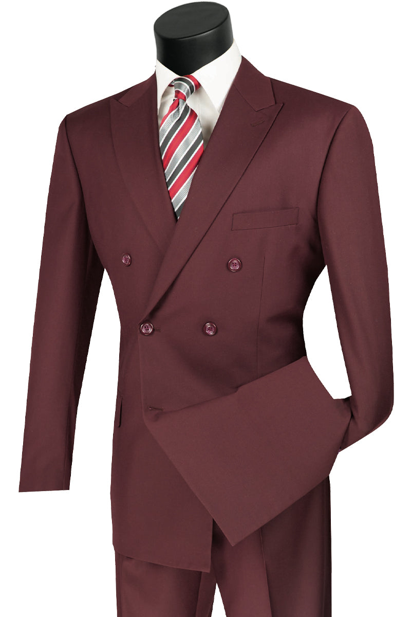 Mens Classic Wool Feel Double Breasted Suit in Burgundy - 40 Short