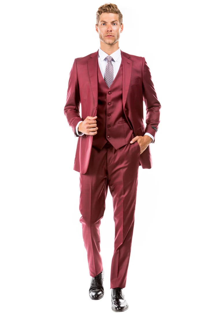 Cheap Suit - Men's Two Button Hybrid Fit Vested Sharkskin Wedding & Business Cranberry Red Suit