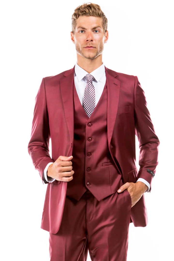 Cheap Suit - Men's Two Button Hybrid Fit Vested Sharkskin Wedding & Business Cranberry Red Suit