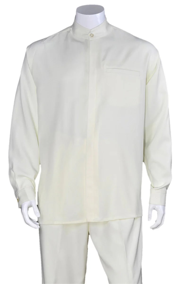 Mens Long Sleeve Mandarin Collar Casual Leisure Set in Cream