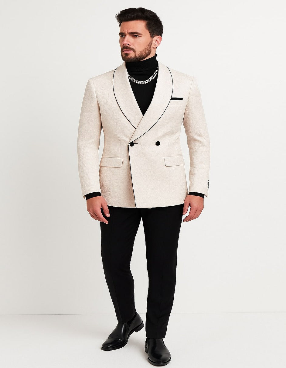 Men’s Cream Jacquard Double-Breasted Tuxedo with Black Trim – Formal Blazer for Weddings & Events Ivory Color - 34 Short or Extra Small
