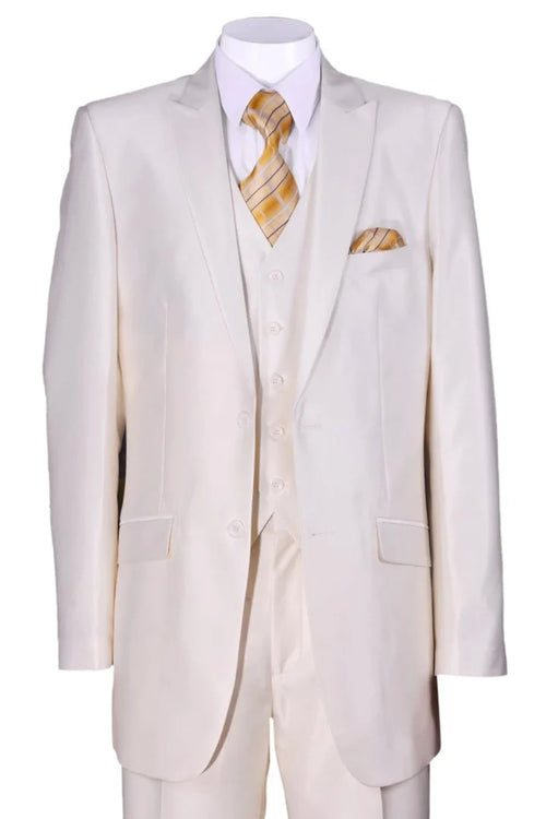 Cheap Priced Suit  - Mens 2 Button Vested Slim Fit Shiny Sharkskin Cream Suit