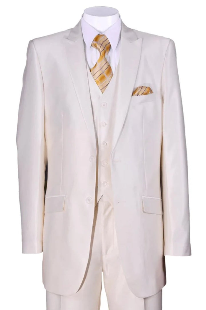 Cheap Priced Suit  - Mens 2 Button Vested Slim Fit Shiny Sharkskin Cream Suit