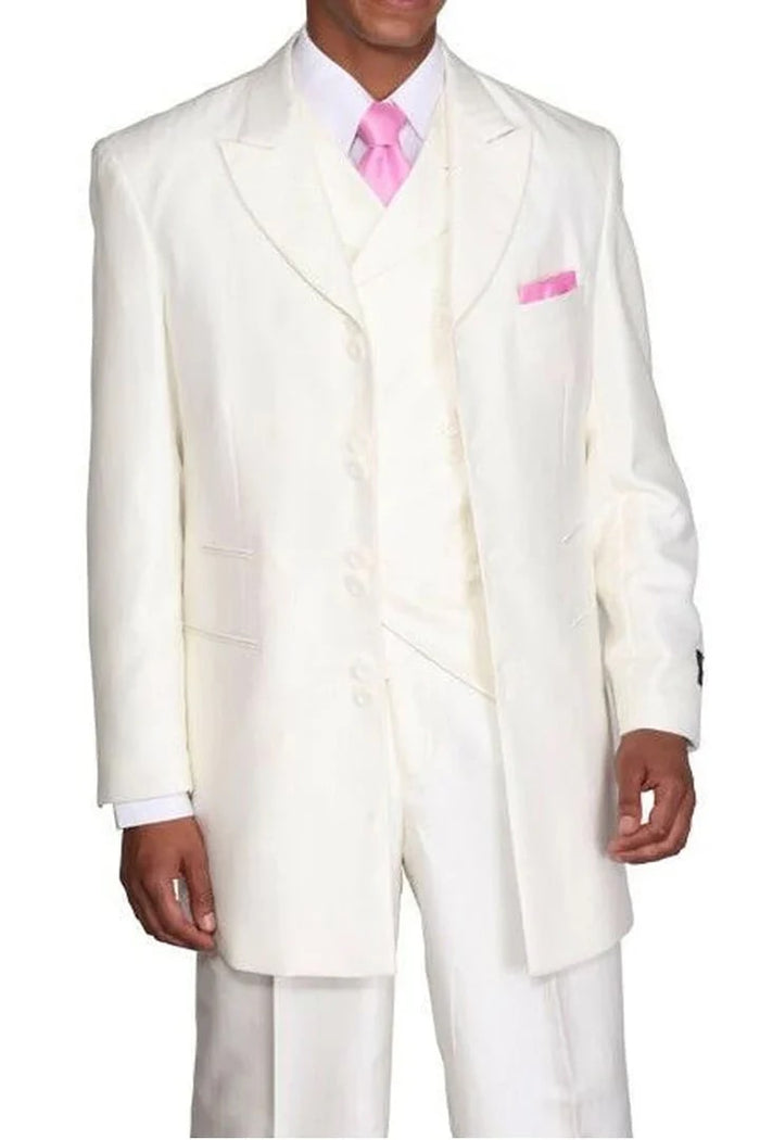 Cheap Priced Suit  - Mens Fashion Slanted Vested Peak Lapel Tonal Pinstripe Cream Suit