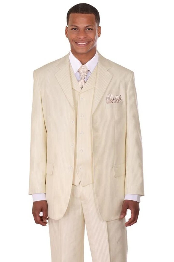 Cheap Suit - Mens 3 Button Vested Shiny Sharkskin Narrow Pinstripe Cream Suit